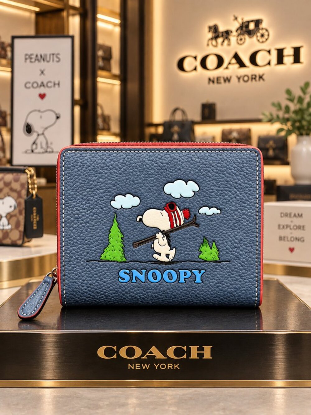 COACH x Peanuts Snoopy Ski Motif Snap Wallet Denim Multi CF251